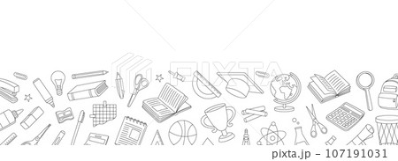 School supplies outline banner. School accessories. Trophy, diploma, notebook, microscope, pencil, paper clip, eraser, globe, scissors, calculator. 107191031