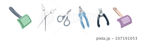 Pet grooming tools. Brushes, fur remover, nail clippers, scissors. Animals accessories, pet supplies. Vector illustration. Pet grooming tools. Brushes, fur remover, nail clippers, scissors. Animals accessories, pet supplies. Vector illustration. 107191053