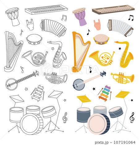 Musical instruments set. Music school banner design. Tuba, trumpet, drum flute, french horn, lute, violin, electric bass guitar. Vector illustration 107191064