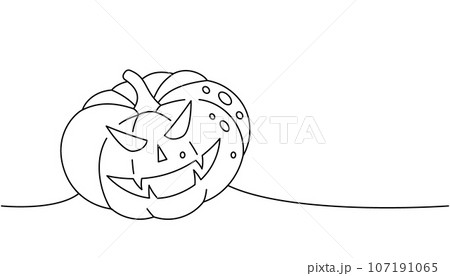 Pumpkin with scary face one line continuous drawing. Halloween pumpkin with scary face continuous one line illustration. Vector illustration. Pumpkin with scary face one line continuous drawing. Halloween pumpkin with scary face continuous one line illustration. Vector illustration. 107191065