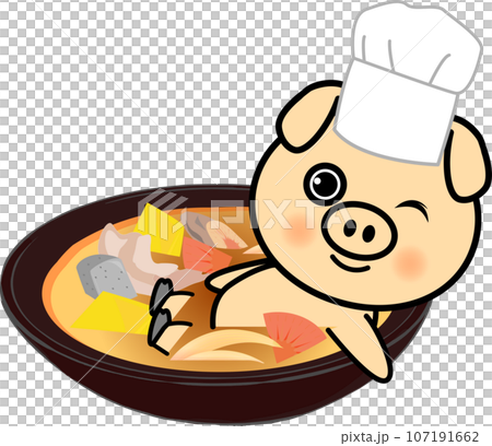 豚汁に浸かる豚のコックのキャラクターイラスト 豚汁に浸かる豚のコックのキャラクターイラスト 107191662