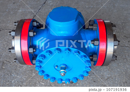 Pipe connection tee for gasification. New piece of equipment for gas industry. Background. Pipe connection tee for gasification. New piece of equipment for gas industry. Background. 107191936