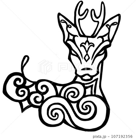 アイヌ文様風鹿_イラスト背景白-透過 107192356