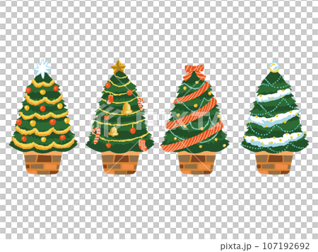 Hand-drawn style illustration set of various colorful Christmas trees C 107192692
