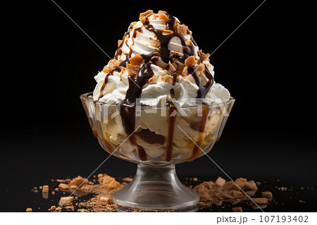 Ice Cream Sundae dessert with chocolate and caramel in traditional tulip glass 107193402