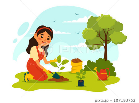 Planting Plants Vector Illustration with People Enjoy Gardening, Plant, Watering or Digging in the Garden in Flat Kids Cartoon Background Design 107193752