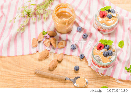 Chia pudding with oat and berries 107194180