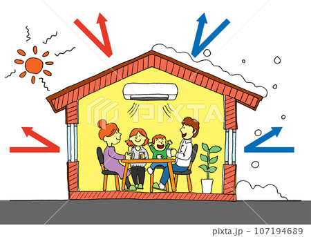ZEH・断熱性の高い住宅で夏も冬も快適な暮らしを実現するイメージイラスト（背景透過・矢印付） 107194689