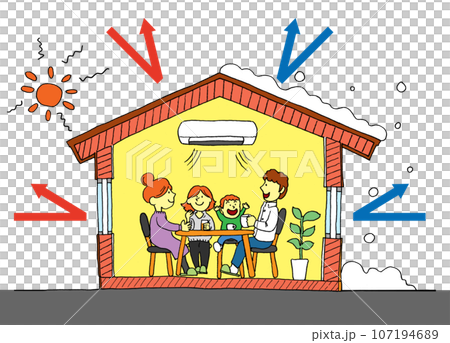 ZEH・断熱性の高い住宅で夏も冬も快適な暮らしを実現するイメージイラスト（背景透過・矢印付） 107194689