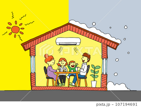 ZEH・断熱性の高い住宅で夏も冬も快適な暮らしを実現するイメージイラスト 107194691