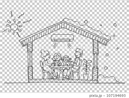 ZEH・断熱性の高い住宅で夏も冬も快適な暮らしを実現するイメージイラスト(線画) ZEH・断熱性の高い住宅で夏も冬も快適な暮らしを実現するイメージイラスト(線画) 107194693