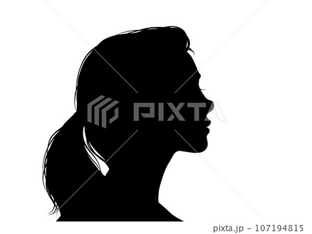 髪を束ねた日本人女性の横顔シルエット 上半身横向きのイラストの