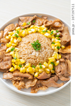 fried rice with pork sliced and corn fried rice with pork sliced and corn 107197511