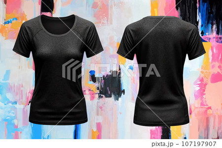 Woman Black Tshirt Mockup, Fashion Illustration Clothes, Women Blank Template, Realistic Font Back 3D Shirt Cloth on Colorful Background 107197907