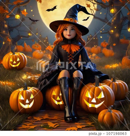 ハロウィンのかぼちゃと魔女_001 ハロウィンのかぼちゃと魔女_001 107198063