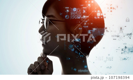 女性のシルエットとデジタルデータ 107198394