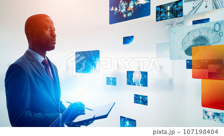 タブレットを使う男性とCG画面 タブレットを使う男性とCG画面 107198404