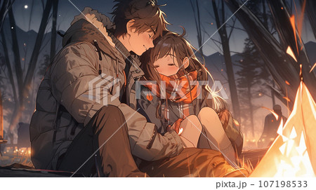 キャンプで焚火を囲んで寄り添う二人 キャンプで焚火を囲んで寄り添う二人 107198533