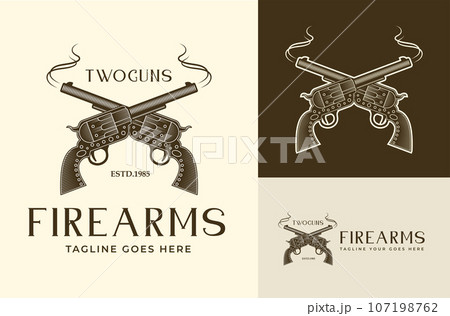 Western Crossed Gun Cowboy Gun Silhouette Revolver in Vintage Retro style 107198762