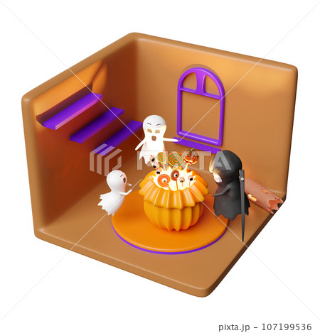 3d isometric room for halloween holiday party with cute ghost, grim reaper hand holding scythe, pumpkin head snack basket isolated. 3d render illustration 107199536