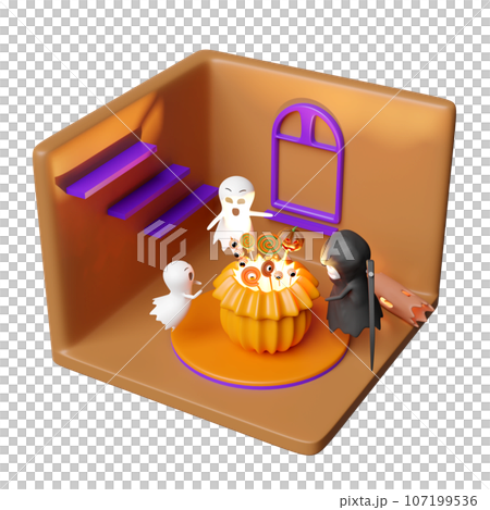 3d isometric room for halloween holiday party with cute ghost, grim reaper hand holding scythe, pumpkin head snack basket isolated. 3d render illustration 107199536