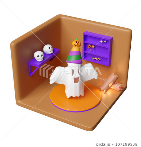 3d isometric room for halloween holiday party with shelf, tree, timber, skull, cute ghost flying, pumpkin, conical hat, candy isolated. 3d render illustration 107199538