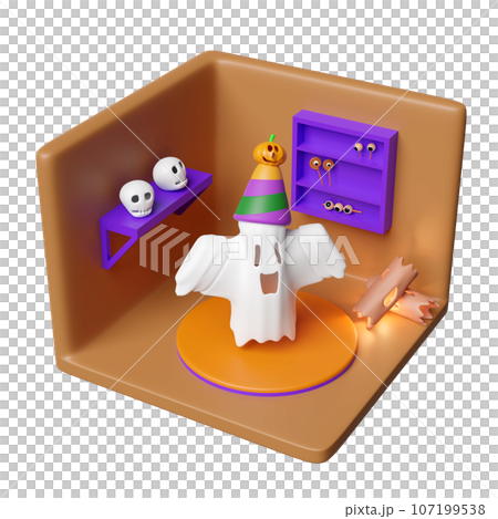 3d isometric room for halloween holiday party with shelf, tree, timber, skull, cute ghost flying, pumpkin, conical hat, candy isolated. 3d render illustration 107199538
