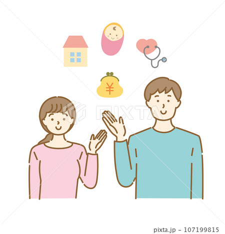 若い夫婦の暮らしのアイコンを案内するイラスト素材 107199815