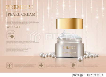 Hydrating facial cream for annual sale or festival sale. white pearl and gold cream mask bottle isolated on golden light background. Graceful cosmetic ads, illustration. 107199884