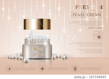 Hydrating facial cream for annual sale or festival sale. white pearl and gold cream mask bottle isolated on golden light background. Graceful cosmetic ads, illustration. 107199885