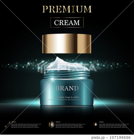 Hydrating facial cream for annual sale or festival sale. green and gold cream mask bottle isolated on golden light background. Graceful cosmetic ads, illustration. 107199886