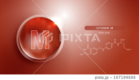 Drop water vitamin M red and structure. vitamin solution complex with chemical formula from nature. beauty treatment nutrition skin care design. medical and scientific concepts for cosmetic. 107199888