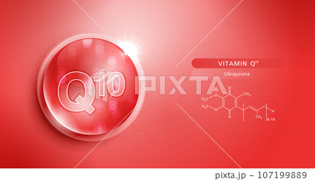 Drop water Q10 and structure. vitamin solution complex with chemical formula from nature. beauty treatment nutrition skin care design. medical and scientific concepts for cosmetic. vector. 107199889