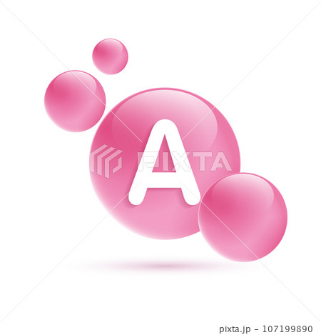 Drop water vitamin A pink and structure. vitamin solution complex with chemical formula from nature. beauty treatment nutrition skin care design. medical and scientific concepts for cosmetic. vector. 107199890