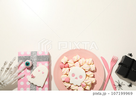 Skull cookies with marshmallows and Halloween gifts Skull cookies with marshmallows and Halloween gifts 107199969