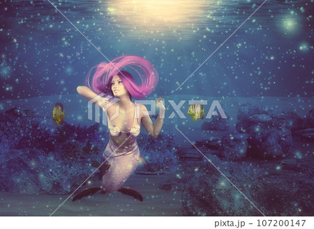 3D Underwater coral reef and mermaid 107200147