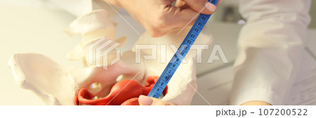 Doctor measures model of female pelvis with measuring tape close-up. Doctor measures model of female pelvis with measuring tape close-up. 107200522