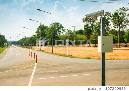 CCTV Camera. On the road, CCTV footage is recorded to ensure traffic order. CCTV cameras are installed at the street corner of the intersection. CCTV Camera. On the road, CCTV footage is recorded to ensure traffic order. CCTV cameras are installed at the street corner of the intersection. 107200986
