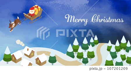 水彩風_サンタクロースとクリスマスの夜の背景イラスト 107201209