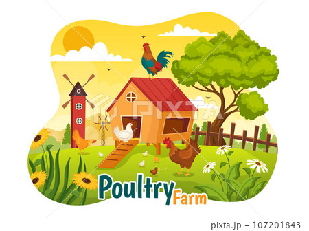 Poultry Farm Vector Illustration with Chickens, Roosters, Straw, Cage and Egg on Scenery of Green Field Background in Flat Cartoon Design 107201843