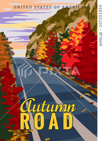 Autumn Road travel vintage poster, autumn road. Retro illustration Autumn Road travel vintage poster, autumn road. Retro illustration 107201850