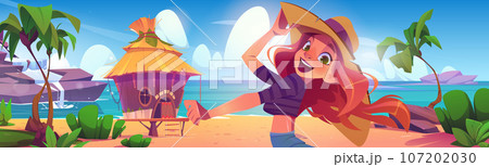 Happy girl smiling on summer beach with bungalow Happy girl smiling on summer beach with bungalow 107202030