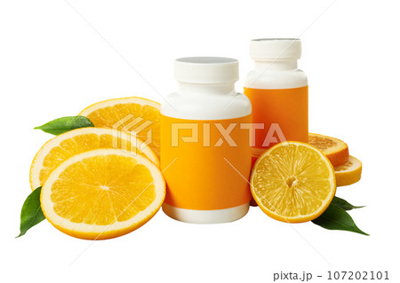 PNG, bottle with pills, near citrus fruits, isolated on white background. 107202101