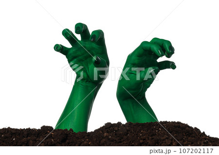 PNG, zombie hands sticking out of the ground, isolated on white background. 107202117