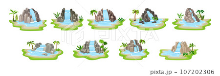 Waterfall Falls from Stone Rock or Cliff Vector Set 107202306