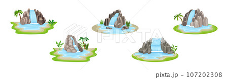Waterfall Falls from Stone Rock or Cliff Vector Set Waterfall Falls from Stone Rock or Cliff Vector Set 107202308