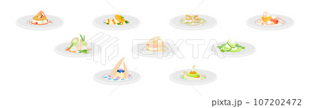 Haute Cuisine or Grande Cuisine with Meticulous Food Serving on Plate Vector Set Haute Cuisine or Grande Cuisine with Meticulous Food Serving on Plate Vector Set 107202472