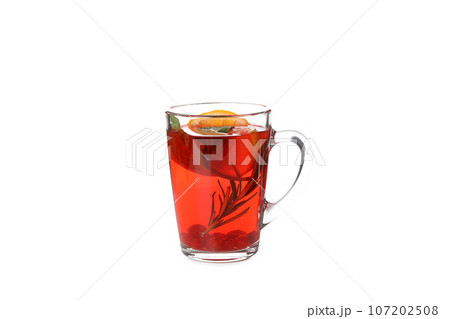 Concept of hot drink - berry and fruit tea, isolated on white background Concept of hot drink - berry and fruit tea, isolated on white background 107202508