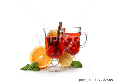 Concept of hot drink - berry and fruit tea, isolated on white background Concept of hot drink - berry and fruit tea, isolated on white background 107202509