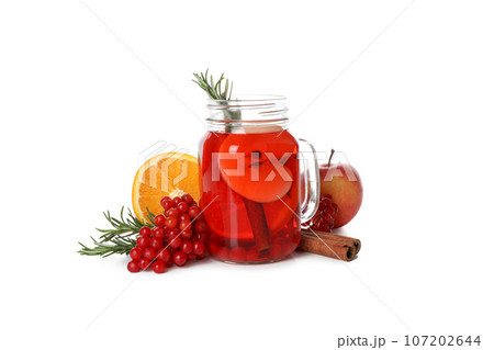 Concept of hot drink - berry and fruit tea, isolated on white background Concept of hot drink - berry and fruit tea, isolated on white background 107202644